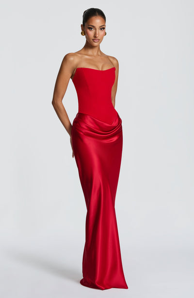 babyboo red dress Katrina Mini Asymmetric pleats on bodice Zafira Maxi Dress - Red