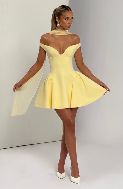 mossman mood swing dress yellow simone slip midi Ella is 510 wearing a size small Sheer Mesh Ruffled Bodycon Dress