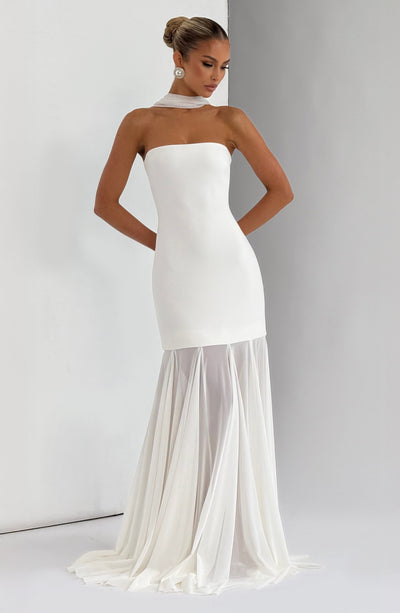 sachin and babi light blue dress Simple white v neck satin long prom dress white lace long evening dres –  dresstby main image 1