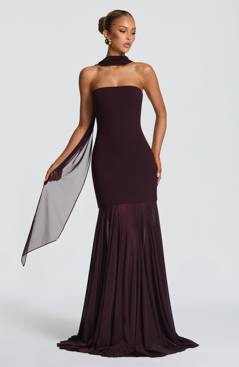 fitted lace wedding dress Zapaka Women Mermaid Long Choir Dress Plum One Shoulder Formal Dress with Appliques, Plum / US2 main image 1