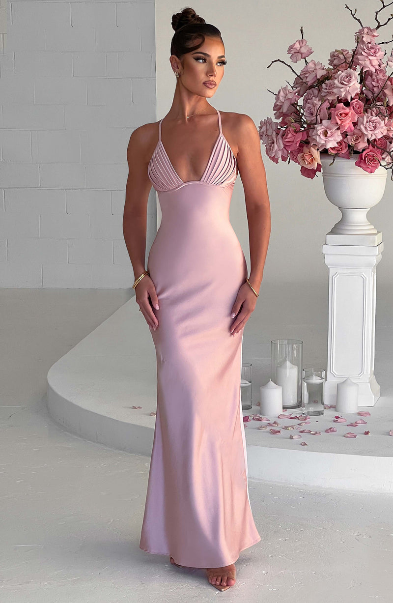 Satin Blush Flowy Dress Satin Maxi Dress With Cowl Neck