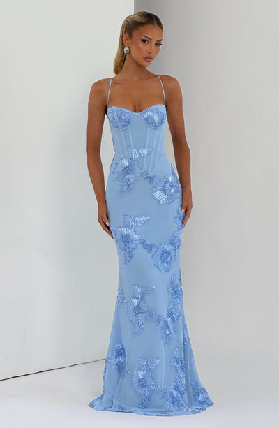 baby blue bardot fishtail maxi dress mesh cape retail Nefertiti Maxi Dress