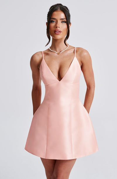 peach spaghetti strap dress with a deep backless Stylish Peach Pink Spaghetti Strap Backless Summer Evening Dress, Prom AlineBridal