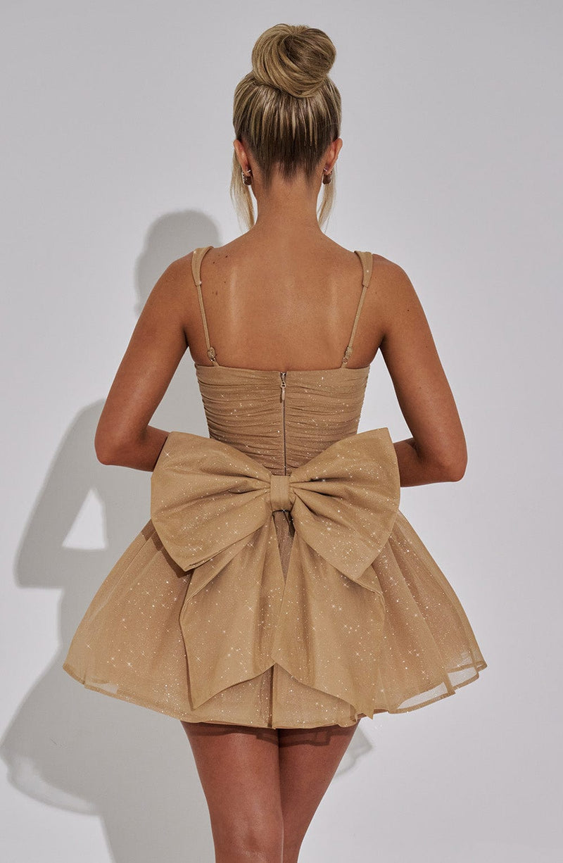gold bow mini dress Best Bow Dress ~ Tan Confetti Show Me Your Mumu