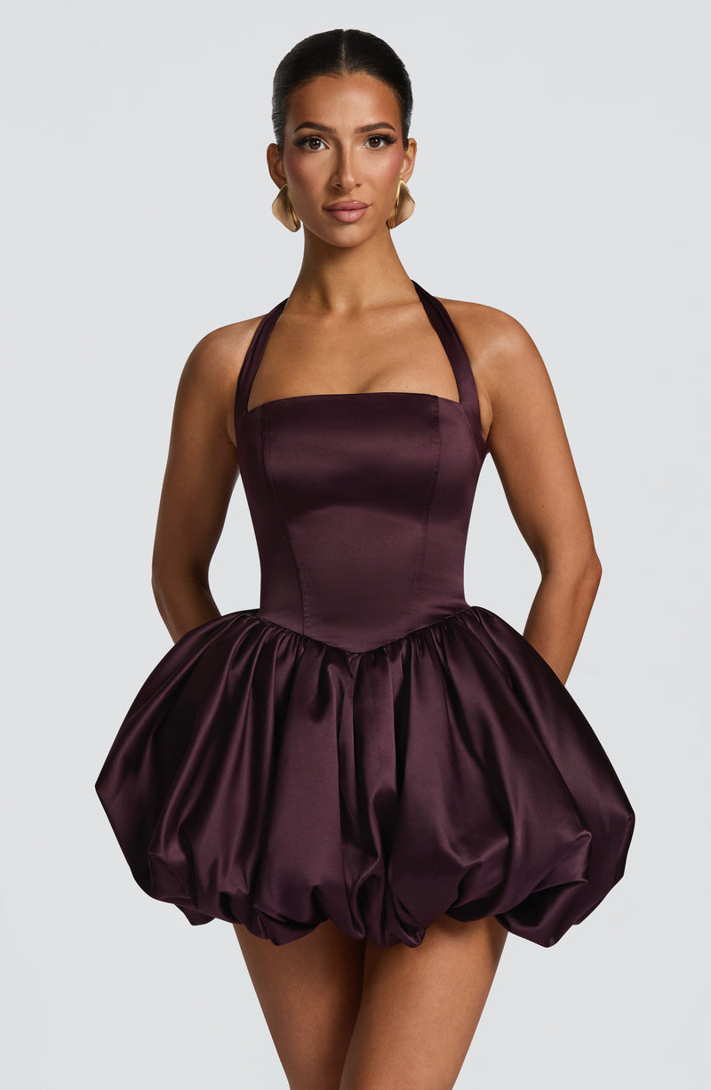 plum mini dress Clover in invisible back zipper and clasp closure Lucile Cowl Drape Satin Mini