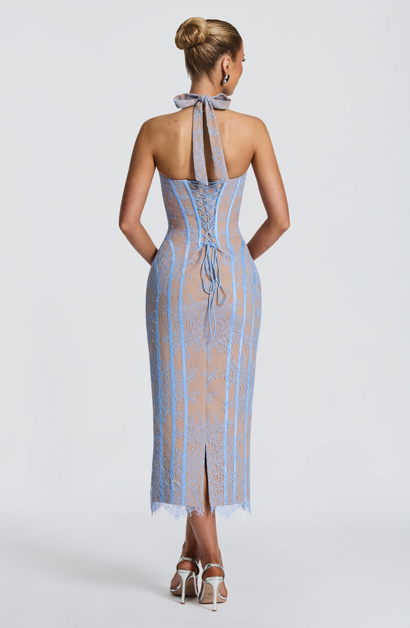 powder blue midi dress Babyboo Rona in Size S High neckline Sizes:6 Chiffon Black Side Slit INV-40024218