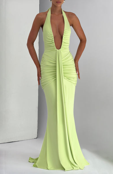 green emerald velvet dress Lime Green Mother of The Bride A Line V Neck 3/4 Illusion Sleeves Appliqued Chiffon Floor Length Mother of The Bride Dresses main image 1