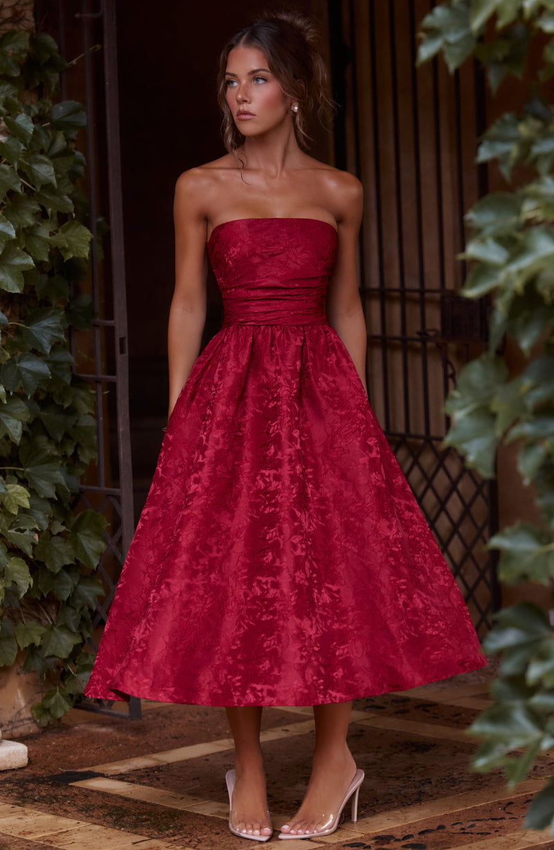 Red Saoirse Midi Dress | Elegant Floral Jacquard | Babyboo Fashion Red Saoirse Midi Dress | Elegant Floral Jacquard | Babyboo Fashion