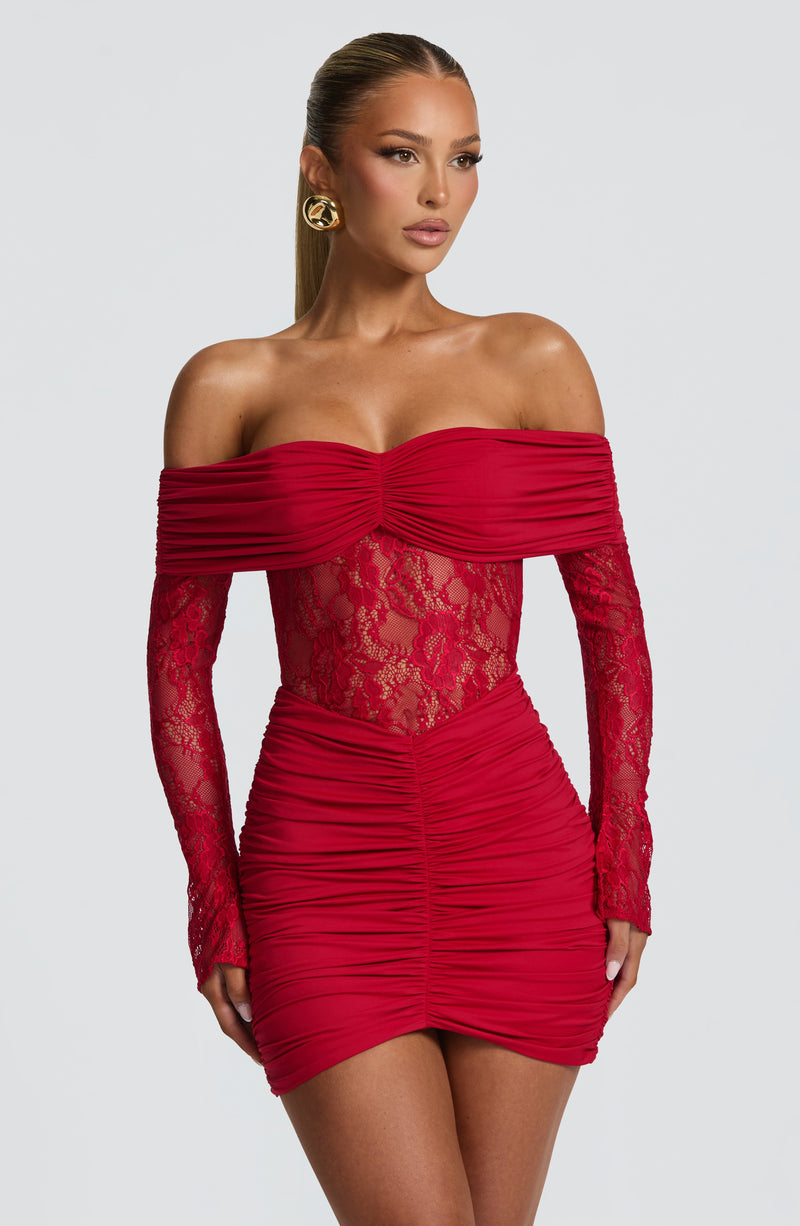 red lace bodycon dress with sleeves Darla Lace Long-Sleeve Mini Dress in Wine Red