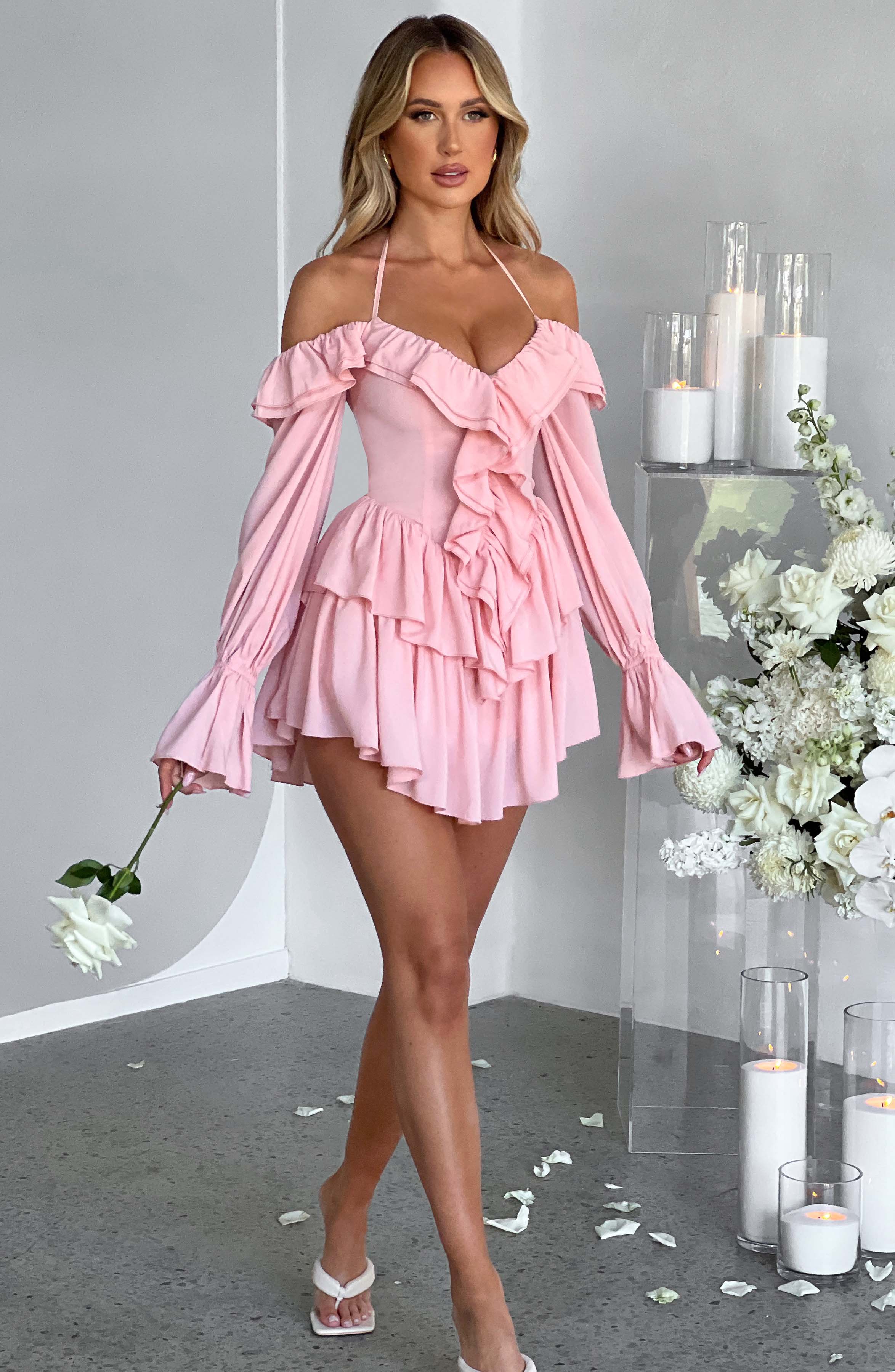 Astrid Crochet Knit Plunge Playsuit - Pink