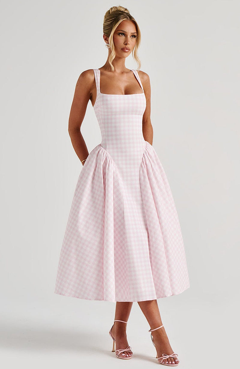 Sherrie Midi Dress - Blush Gingham | Babyboo Fashion Sherrie Midi Dress - Blush Gingham | Babyboo Fashion