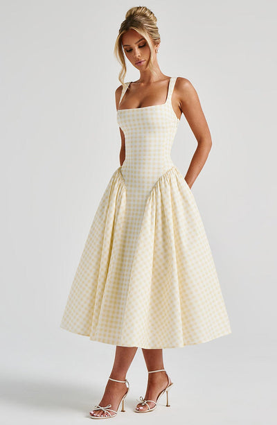 Lemon Gingham Sherrie Midi Dress