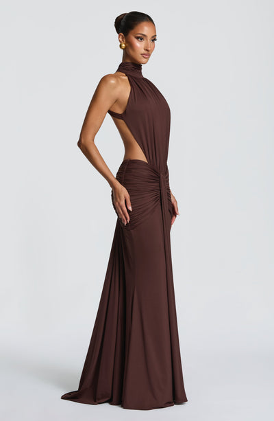 brown open back maxi dress Brown Long Sleeve Open Back Embellished Maxi Dress main image 1