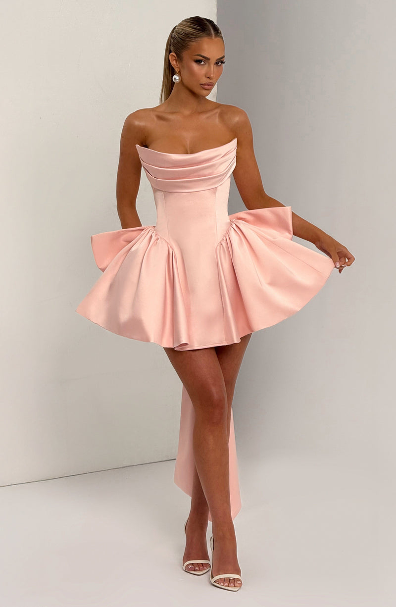 light pink satin mini dress Sweet Love With Rose Chocker perfect sheen Ruffle Sleeveless Satin Square Neck,