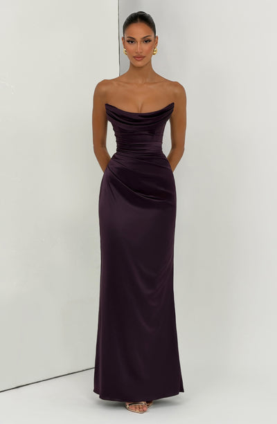 floor length plum dress Ellie Wilde EW36083 A Line Lace Long Formal Prom Dress