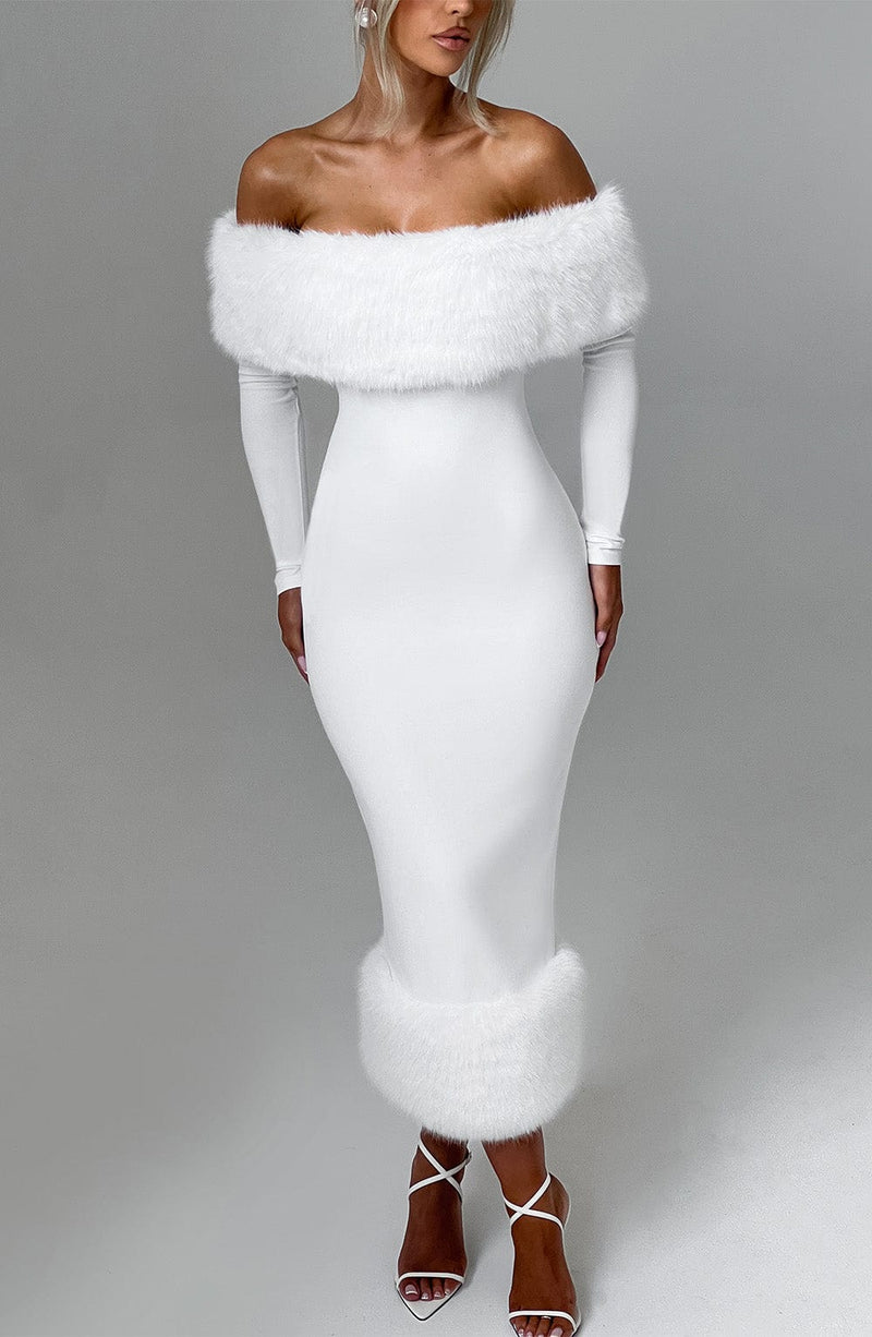 off shoulder knit midi dress with faux fur - ivory joplacencio on LTK