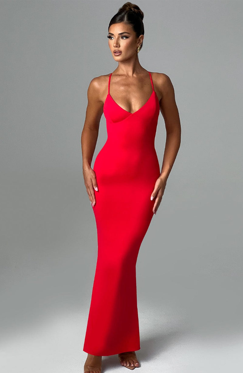 beki beaded mesh maxi dress deep red Edwina Knotted Mesh Maxi Dress / Red | MESHKI
