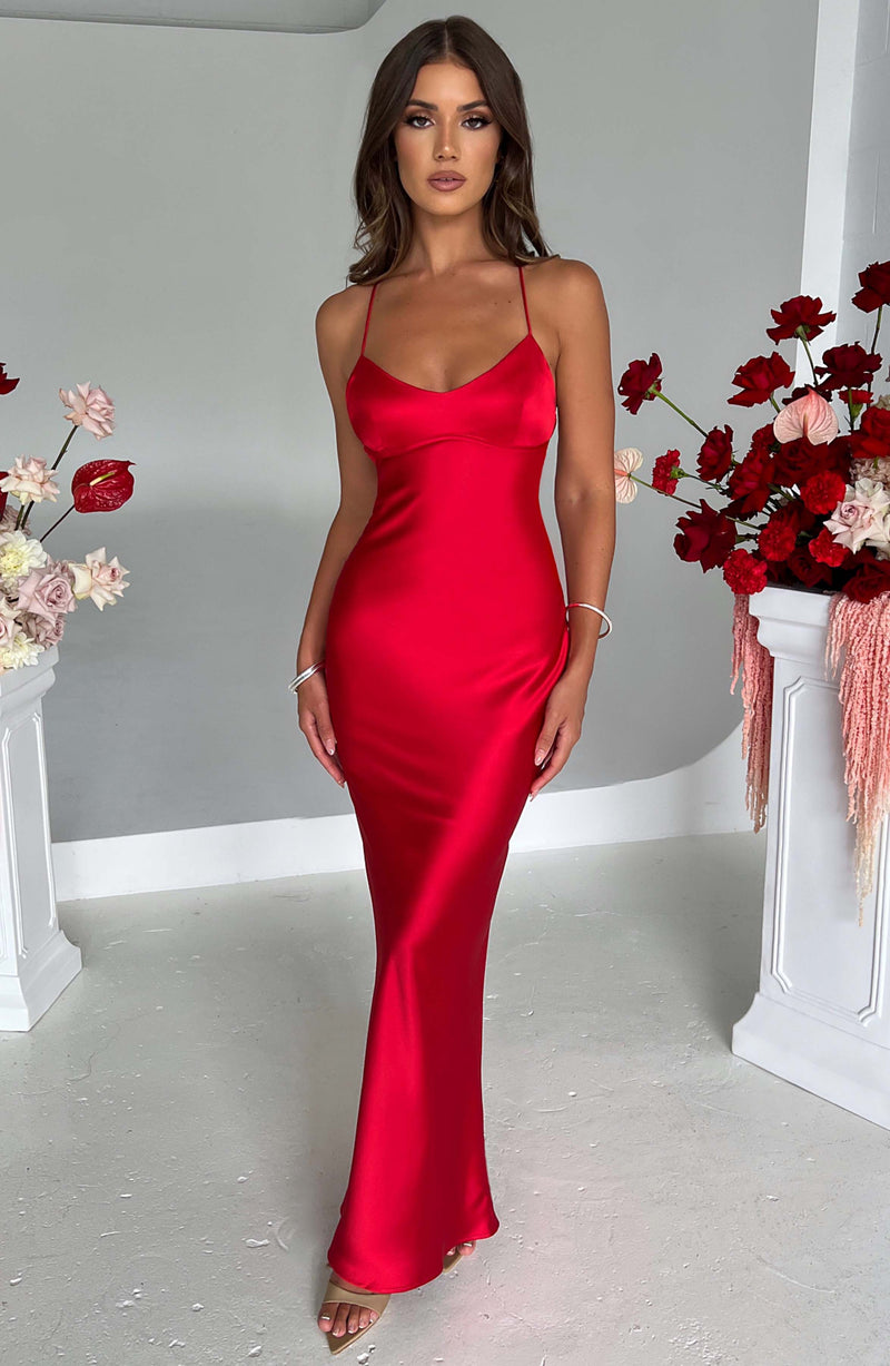 Red Long pleated Gown with Sleeves - Dress me Royal