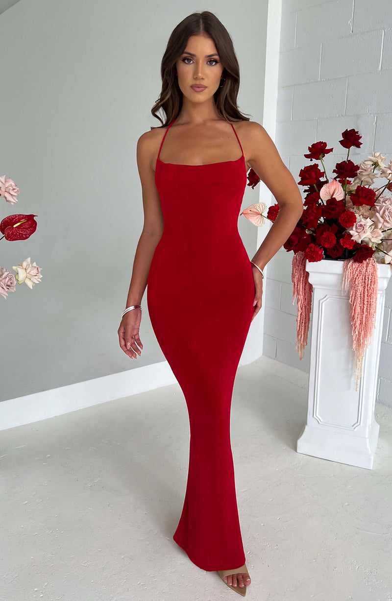 Red Embellished Slit Long Dress with 3/4 Sleeves – Trendy Divva